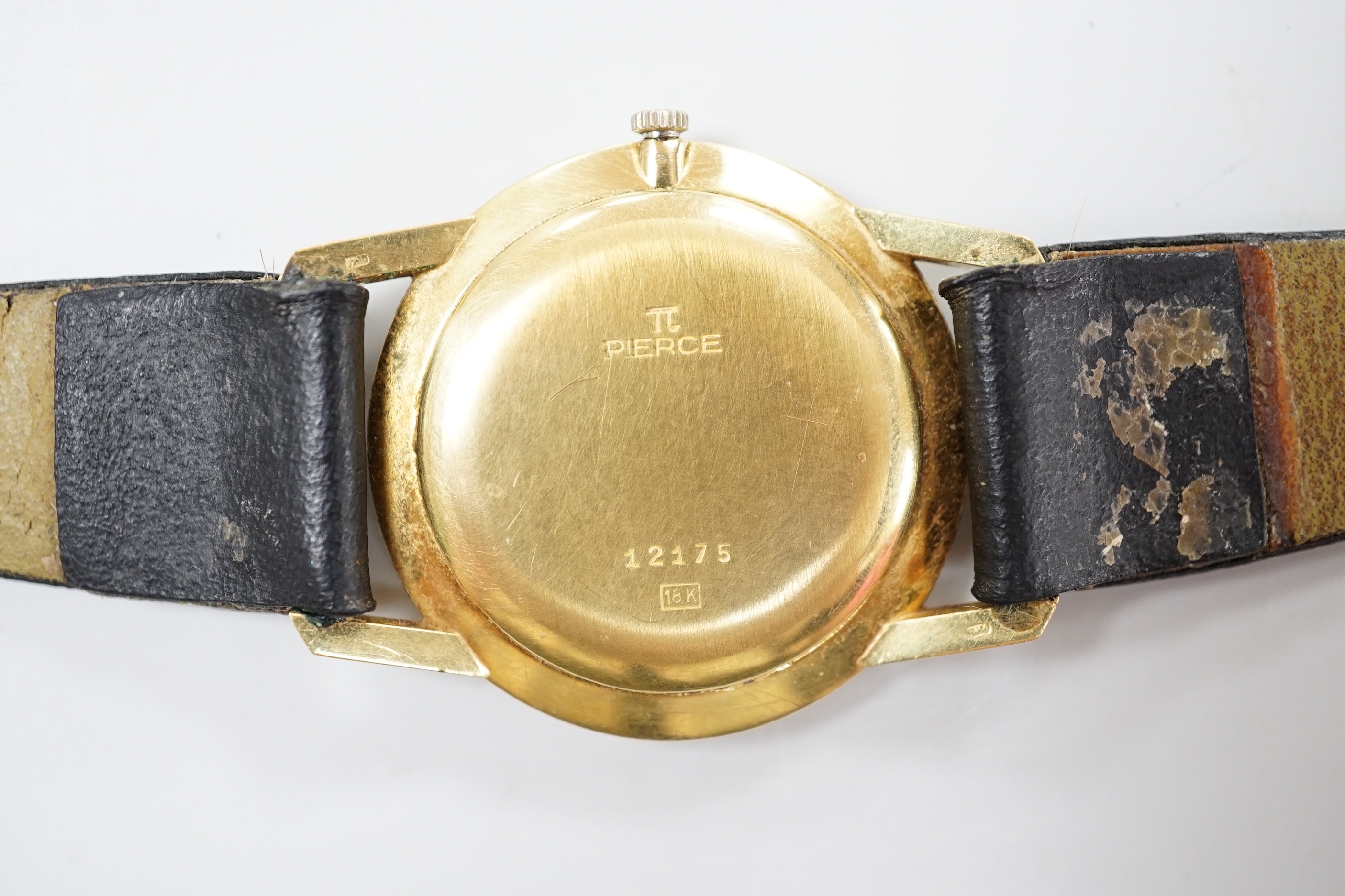 A gentleman's 18K Pierce Incabloc wrist watch, number 12175, with later black leather strap